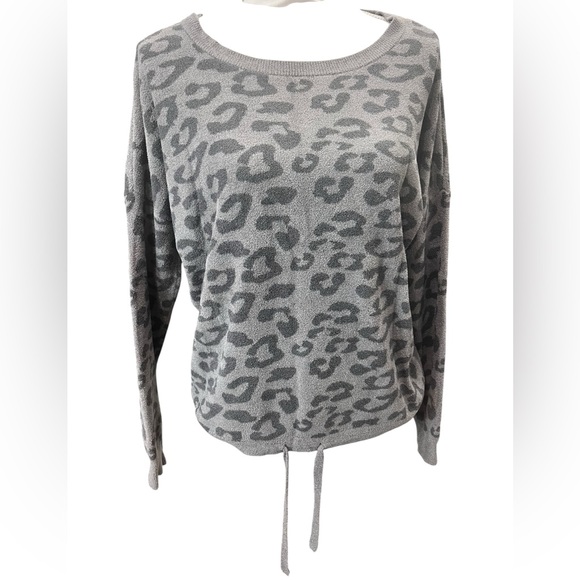 Barefoot Dreams CozyChic Ultra Lite Leopard Print Tie Hem Pullover Sweater Gray - Picture 3 of 11